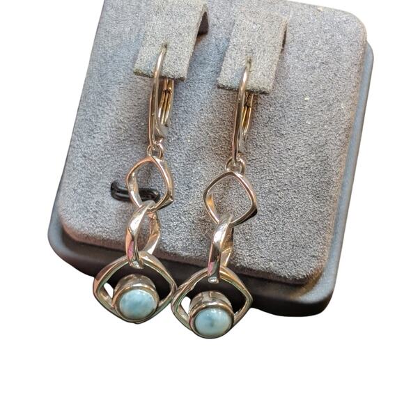 925 Sterling Silver Loopy Dangle Leverback Larimar Stone Earrings - Picture 5 of 6